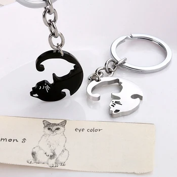 1Pár aranyos fekete macska kulcstartó rozsdamentes acél patchwork szív kerek pár szerelmesek kulcstartó hátizsák autó kulcstartó lógó ékszerek