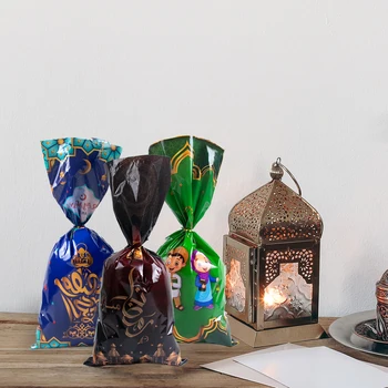 1Set Eid Mubarak téma Műanyag ajándék cukorka táskák Muslin Eid Party Fesztivál Sütik Snack táskák Iszlám Ramadán Party kellékek