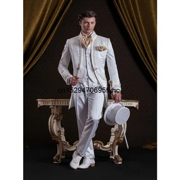 2023 Egyedi hímzésű férfi öltöny vőlegény szmokingos blézerek (dzsek+nadrág+mellény) fehér vőlegények férfi öltönyök esküvői báli partira