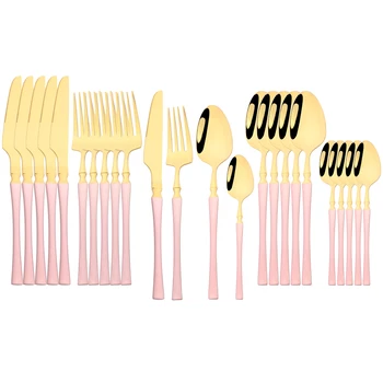 24Pcs rózsaszín arany étkészlet Késes villa Kávéskanál evőeszköz készlet Rozsdamentes acél evőeszközök Western étkészlet Konyhai ezüst
