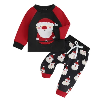 2Pcs Baba karácsonyi ruhák Hosszú ujjú Mikulás hímzés pulóverek Nadrág szett kisgyermek meleg ruhák