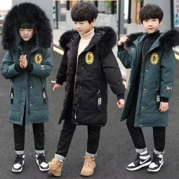 4-14 év Tél Tartsd melegen fiú dzseki Nehéz vastag levehető kalap Szőrme gallér kapucnis felsőruházat gyerekeknek Gyermek széldzseki