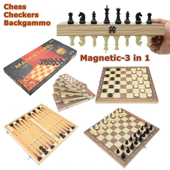 49cm Összecsukható fa sakktábla Mágneses nemzetközi sakkkészlet Backgammon dáma Hordozható utazási játék huzat gyerekeknek Felnőtt