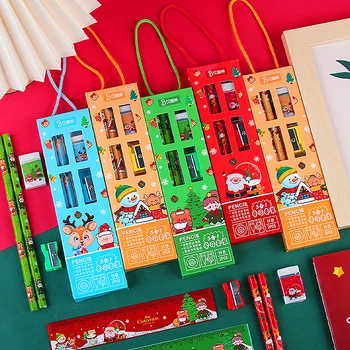 5Db/set karácsonyi toll készlet Aranyos ceruzák Hegyező radír gyermekek karácsonyi ajándékához Kawaii iskolai kellékek Irodai írószerek