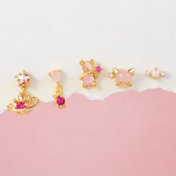 5db/set Rózsaszín köbös cirkónium láncos macska medve fülbevaló nőknek Star Moon egyedi medál fülbevaló porc piercing ékszerek