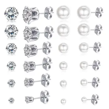 6-18 pár rozsdamentes acél köbös cirkónium gyöngygolyós fülbevaló szett 3-8mm vegyes CZ csapos fülbevaló nőknek