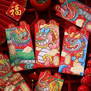 6PCS Kínai újévi piros boríték 2024 Sárkány szerencsés pénz zsebboríték Zodiákus sárkány piros zseb újévi kellékek Hongbao