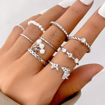 9PCS Bohém pillangó gyöngy gyűrű szett nőknek Shine Pearl gótikus vintage bevonatú retro strassz Egyszerű ujj ékszer ajándék