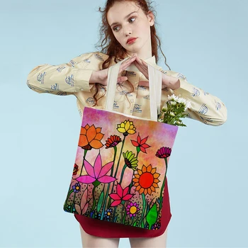 Akvarell virág Női bevásárlótáskák mindkét oldalon Tote táska Újrafelhasználható összecsukható vászon rajzfilm Virágos növény utazás Váll kézitáska