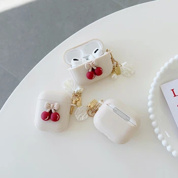 Aranyos retro bézs cseresznye tok Apple fülhallgatókhoz 1 2 3. generációs medvecseresznye tok AirPods Pro tokhoz Kulcstartó Zsinór Luxus 