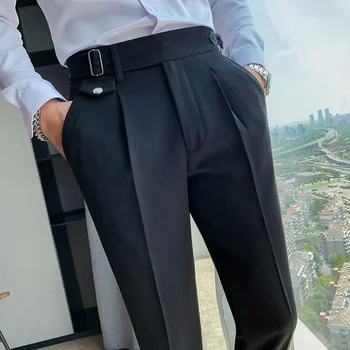Brit stílusú új tömör magas derekú öltöny nadrág férfiak Üzleti formális viselet nadrág 2022 Kiváló minőségű vékony alkalmi irodai öltöny nadrág