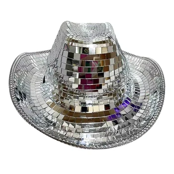 Disco báli kalap, csillogó űrcowgirl kalap, tükör báli kalap nőknek Férfi parti kiegészítők