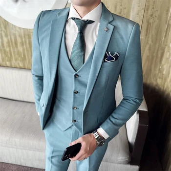 ( Dzseki + mellény + nadrág ) High-end márka Hivatalos üzleti egyszínű alkalmi öltöny Háromrészes öltöny Vőlegény esküvői ruha Kabát