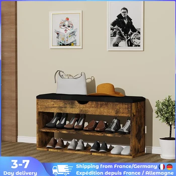 Fa cipőszekrény Cipőtartó üléspárnával 3 rekesz Rejtett cipőrendszerező Vintage párnázott pad tárolóhellyel