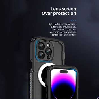  fém páncél mágneses hátlap iPhone 14 Pro Max 5G 2023 kemény átlátszó védelemmel Ütésálló vezeték nélküli zuhanásgátló telefontokok