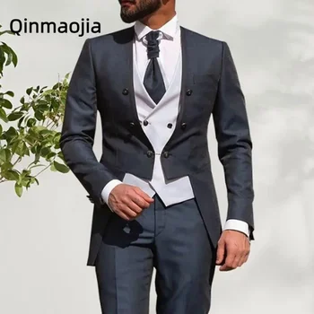 Férfi ruházat Férfi öltönyök Esküvői vőlegény Tuxedos Slim Fit Business alkalmi öltöny férfiaknak 3 részes (Blazer+ mellény + nadrág)Jelmez
