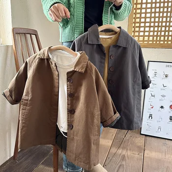 Gyerek kabát Koreai stílusú fiú 2023 tavasz és ősz Új divatos alkalmi lányok alkalmi egyszerű egyszínű hosszú árokkabát