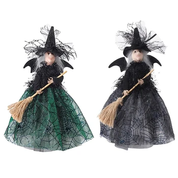 Halloween boszorkány dekoráció 11 hüvelyk boszorkány baba Halloween fátyol boszorkány baba boszorkány kalap és boszorkány seprű tartós 28.5 x 21Cm zöld