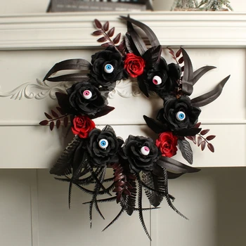 Halloween koszorú a bejárati ajtó ablakdekorációjához Fekete rózsa szemek Garland Halloween dekorációk Otthoni parti kellékek