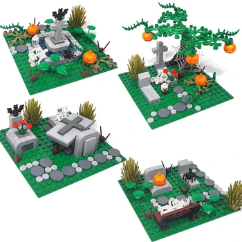 Halloween MOC temetői jelenet építőelemek Szellem sírkő holttestek Csontok Koporsókockák LEGO kompatibilis játékok