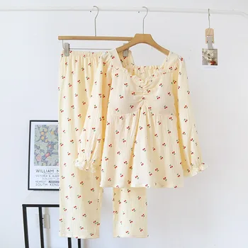 Hosszú ujjú pizsama szett V-nyakú pulóver női cseresznye őszibarack nyomtatott géz pamut Kawaii divatos nők 2db pizsama mellkaspárnával