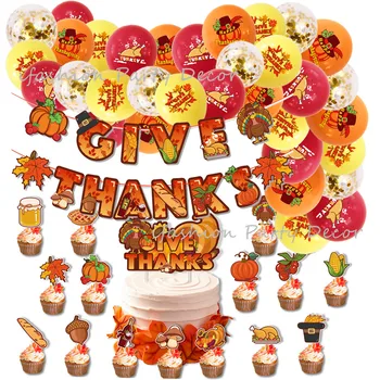 Hálaadás napi party lufik Kellékek Étkészlet dekorációk Őszi tök Juharlevél Banner Cupcake Topper az őszi partira