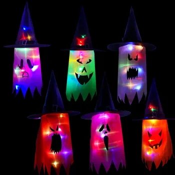 Izzó Halloween LED lámpák kalapja viselhető fejen vagy medálként Boszorkány kalap kert Kültéri fa függő dekoráció DIY