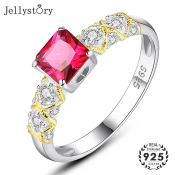 Jellystory Fashion 925 Sterling ezüst női gyűrűk négyzet alakú Ruby smaragd cirkon drágakő esküvői ajándék finom ékszergyűrű