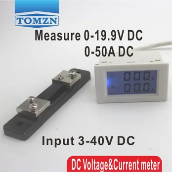 Kettős LCD kijelző DC feszültség- és árammérő voltmérő ampermérő tartomány DC 0-19.9V 0-50A Kék háttérvilágítás DC 3 ~ 40 bemenet sönttel