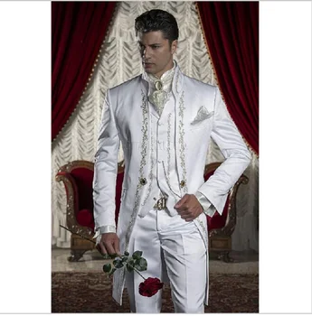 Klasszikus stílusú arany hímzés Vőlegény szmokingok Fehér vőlegények férfi esküvői báli öltöny blézer nadrággal (dzseki+nadrág+mellény)