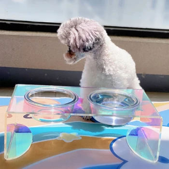 Kutyaeledel medence nyakápolás lézeres asztal színes dupla tál akril macska- és kutyaeledel-medence kisállat kellékek kölyökkutya kiegészítők