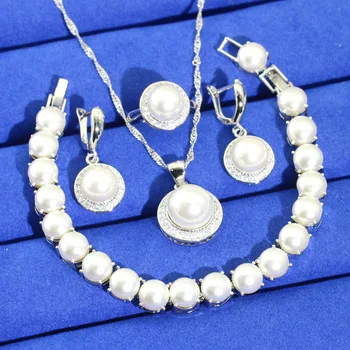 kör alakú 925 ezüst ékszerkészlet nőknek Esküvői fehér gyöngy fülbevaló Nyaklánc medálgyűrű Karkötő ünnepi társkereső ajándék