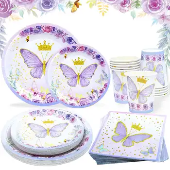 Lila pillangó eldobható étkészlet készlet Papírtányér poharak Születésnapi zsúr dekoráció Gyerekek babaváró lány ajándék party kellékek