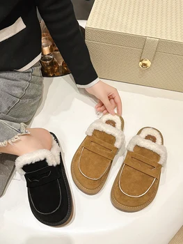 Low Loafers Cover Toe Shoes Woman 2023 plüss papucs felnőtteknek Pantofle Platform Luxus csúszdák szőrme Új lapos designer szövet PU