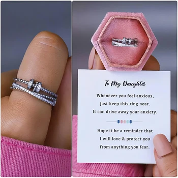 LXOEN A lányomnak cirkon gyöngyök kereszt Fidget gyűrű kártyával nőknek Anti-stressz állítható szorongás gyűrű ékszer ajándékok