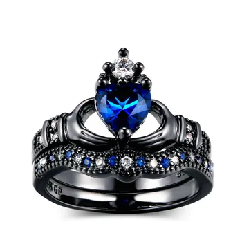 Modyle luxus kék kőkristály gyűrűk nőknek fekete színű esküvői eljegyzési gyűrűk ékszercsepp hajó pour 2db/szett