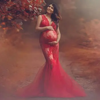 Piros sellő kismama ruhák V nyak ujjatlan babaváró fotózáshoz Kellékek Vestidos csipke rátétek Terhes ruhák