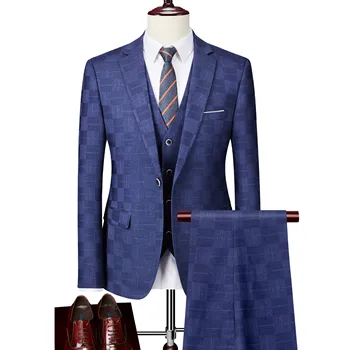 Plaid Suit Men Blazer Vest Pants Business Brit stílusú esküvői ruha bankett High End Slim Fit kabát nadrág 3 részes készlet