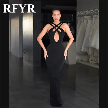 RFYR Fekete فساتين مناسبة رسمية Szexi sellő estélyi ruhák Halter ujjatlan hüvelyes báli ruhák nőknek Hivatalos partiruhák