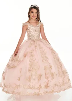 Rózsaszín Mini Quinceanera ruhák Mexikói báli ruha Tüll rátétek Virág lány ruhák esküvőkre Szépség ruhák Gyerekek Baba