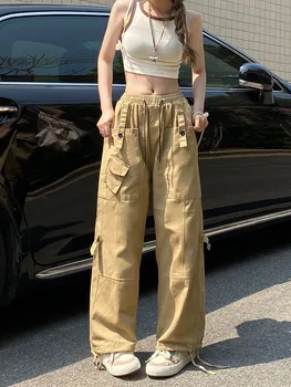 SONNEESD Harajuku alkalmi egyenes szerszámozás Szabadidő bő nadrág kender nagy zseb design nadrág overallok bő széles szárú nadrág