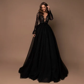 Szexi csipke A-vonalú fekete hosszú ujjú esküvői vendég esti koktél báli hazatérési ruhák menyasszonyi különleges alkalomra
