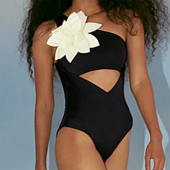 Szexi kivágású bikini szett Nők 2022 Háromdimenziós virágok Egyrészes fürdőruhák a váll fürdőruha hát nélküli nyári strandviselet