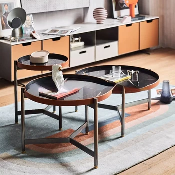 Teaasztal kombináció/minimalista/kerek/nyeregbőr+rozsdamentes acél/