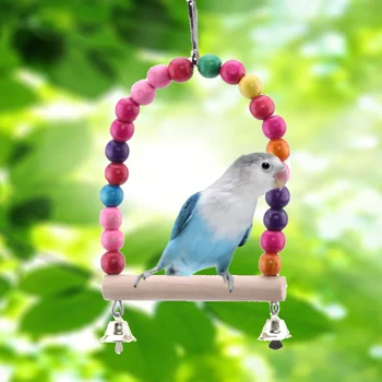 Természetes fa papagáj hinta játék madár tintahal függő lengőketrec színes gyöngyökkel harangok játék madár kellékek