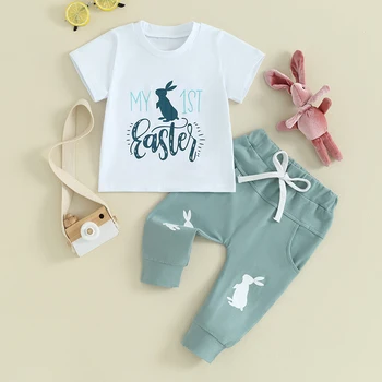 Toddler Boy Easter Outfits Bunny Print hosszú ujjú pulóver Egyszínű rugalmas nadrág Tréningruha 2Db ruha szett Tavasz Ősz