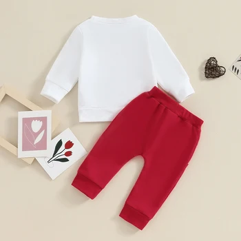 Toddler Boy Valentin Day Clothes Letter Heart Print hosszú ujjú pulóver Egyszínű nadrág 2 db ruha