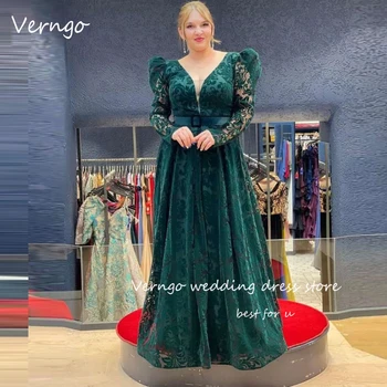 Verngo Dubai Arab nők Teljes csipke estélyi ruhák plusz V méretű nyakpántos hosszú ujjú zöld burgunday hivatalos báli ruhák