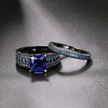 Vintage kék négyzet alakú kristálygyűrű szett fekete arany színű koktélparti gyűrűk nőknek Férfi Kiváló minőség ZYR692