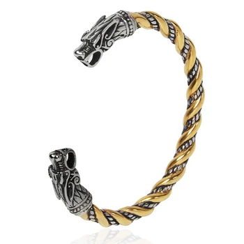 Új rozsdamentes acél skandináv farkasfejek karkötő keverék arany és ezüst színű viking ékszerek férfi vagy női ajándékként